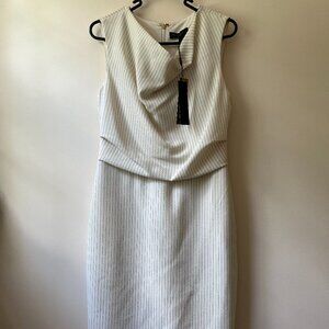 Donna Karan Pin Stripe Sleeveless Cowl Neck Sheath White Dress
